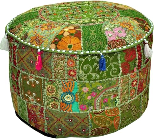Sambhav Quilt Hub Indischer Fußhocker, ethnisch, bestickt, indische Baumwolle, rund, Ottomane, Kissen, ethnische Dekoration, Kunstbezug, Grün, 35,6 x 55,9 cm Sambhav Quilt Hub Indischer Fußhocker, ethnisch, bestickt, indische Baumwolle, rund, Ottomane, Kissen, ethnische Dekoration, Kunstbezug, Grün, 35,6 x 55,9 cm von Sambhav Quilt Hub