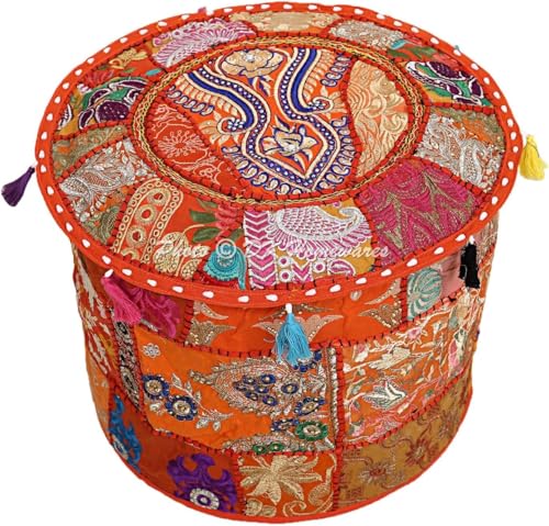 Sambhav Quilt Hub Indischer Fußhocker, ethnisch, bestickt, indische Baumwolle, rund, Ottomane, Kissen, ethnische Dekoration, Kunstbezug, Orange, 45,7 x 33 cm Sambhav Quilt Hub Indischer Fußhocker, ethnisch, bestickt, indische Baumwolle, rund, Ottomane, Kissen, ethnische Dekoration, Kunstbezug, Orange, 45,7 x 33 cm von Sambhav Quilt Hub