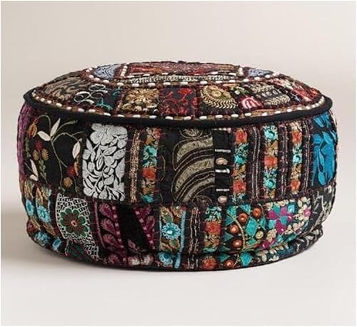 Sambhav Quilt Hub Indischer Fußhocker, ethnisch, bestickt, indische Baumwolle, rund, Ottomane, Kissen, ethnische Dekoration, Kunstbezug, Schwarz, 35,6 x 55,9 cm Sambhav Quilt Hub Indischer Fußhocker, ethnisch, bestickt, indische Baumwolle, rund, Ottomane, Kissen, ethnische Dekoration, Kunstbezug, Schwarz, 35,6 x 55,9 cm von Sambhav Quilt Hub