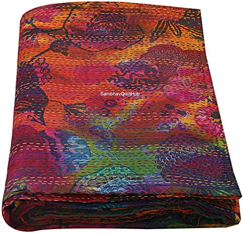 Sambhav Quilt Hub Queen/Twin/King Handgefertigter Multi-Batik-Fruchtdruck Quilting Siebdruck Kantha Quilt Kantha Bettüberwurf Kantha Tagesdecke Bohemian Bettwäsche Kantha Decke Überwurf (228 x 274 cm) von Sambhav Quilt Hub