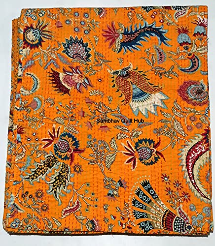 Twin/Queen/King Floral Multicolor Handmade Crown Mukut Print Kantha Quilt Kantha Decke Bettüberwurf King Kantha Tagesdecke Bohemian Bettwäsche Baumwolle Kantha (Orange, Queen/King 228 x 274 cm) von Sambhav Quilt Hub