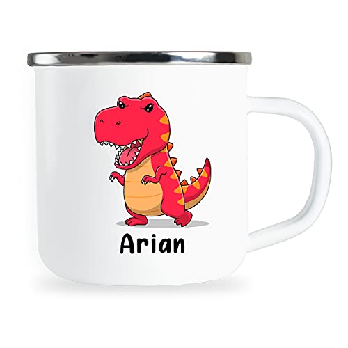 Arian Personalisierte Kindertasse mit Name und lustigem Dinosaurier Motiv Emaille Tasse individuelle Geschenke Kind Geburtstag Junge Mädchen Metallbecher Emailletasse Geschenkidee von Sambosa