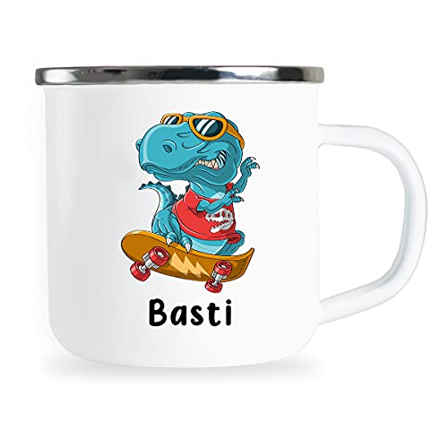 Basti Personalisierte Kindertasse mit Name und lustigem Dinosaurier Motiv Emaille Tasse individuelle Geschenke Kind Geburtstag Junge Mädchen Metallbecher Emailletasse Geschenkidee von Sambosa