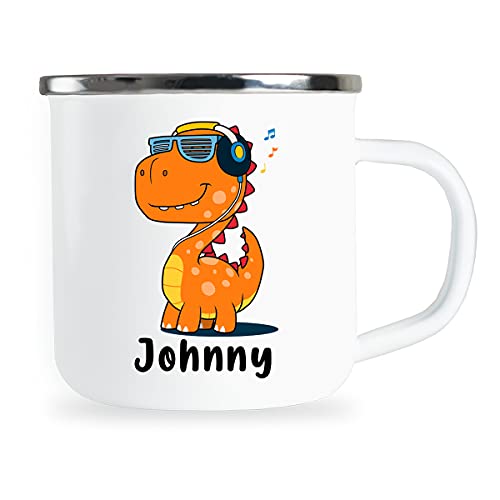 Jhonny Personalisierte Kindertasse mit Name und lustigem Dinosaurier Motiv Emaille Tasse individuelle Geschenke Kind Geburtstag Junge Mädchen Metallbecher Emailletasse Geschenkidee von Sambosa