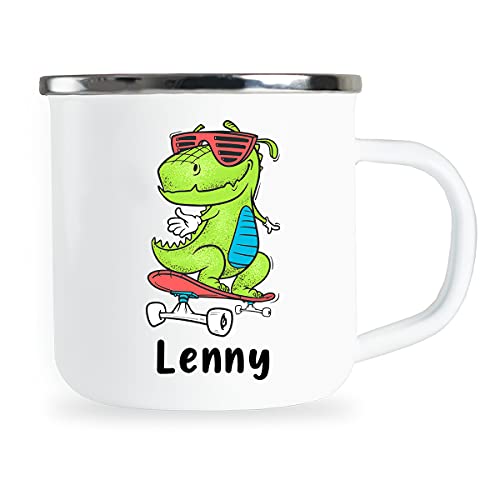 Lenny Personalisierte Kindertasse mit Name und lustigem Dinosaurier Motiv Emaille Tasse individuelle Geschenke Kind Geburtstag Junge Mädchen Metallbecher Emailletasse Geschenkidee von Sambosa