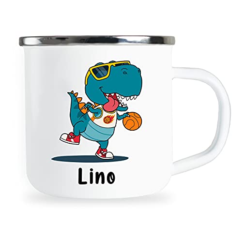 Lino Personalisierte Kindertasse mit Name und lustigem Dinosaurier Motiv Emaille Tasse individuelle Geschenke Kind Geburtstag Junge Mädchen Metallbecher Emailletasse Geschenkidee von Sambosa