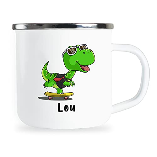 Lou Personalisierte Kindertasse mit Name und lustigem Dinosaurier Motiv Emaille Tasse individuelle Geschenke Kind Geburtstag Junge Mädchen Metallbecher Emailletasse Geschenkidee von Sambosa