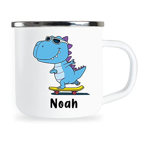 Noah Personalisierte Kindertasse mit Name und lustigem Dinosaurier Motiv Emaille Tasse individuelle Geschenke Kind Geburtstag Junge Mädchen Metallbecher Emailletasse Geschenkidee von Sambosa