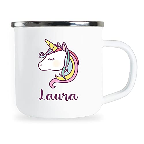 Personalisierte Kindertasse mit Name und Einhorn Motiv Emaille Tasse individuelle Geschenke Geschenkidee Mädchen Kind Geburtstag Metallbecher Emailletasse von Sambosa