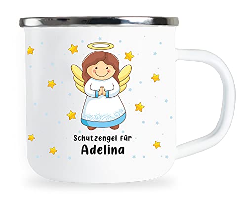 Personalisierte Kindertasse mit Name und Engelchen Motiv Emaille Tasse individuelle Geschenke Geschenkidee für Kinder Mädchen Geburtstag Metallbecher Emailletasse von Sambosa