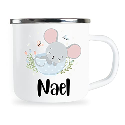 Personalisierte Kindertasse mit Name und Sleepy Elefant Motiv Emaille Tasse individuelle Geschenke Kind Geburtstag Geschenkidee für Kinder Mädchen Junge Metallbecher Emailletasse von Sambosa