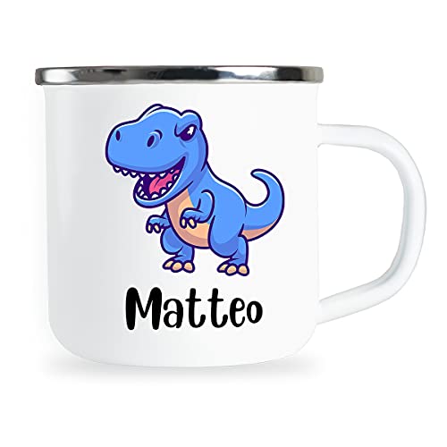 Personalisierte Kindertasse mit Name und lustigem Dinosaurier Motiv Emaille Tasse individuelle Geschenke Kind Geburtstag Geschenkidee für Kinder Mädchen Junge Metallbecher Emailletasse von Sambosa