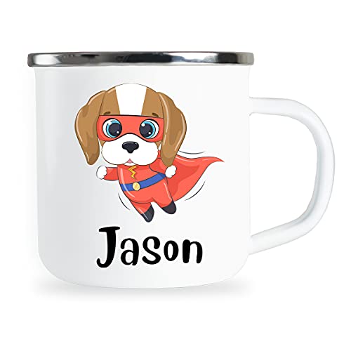 Personalisierte Kindertasse mit Name und lustigem Hunde Motiv Emaille Tasse individuelle Geschenke Geschenkidee Kind Mädchen Junge Geburtstag Metallbecher Emailletasse von Sambosa