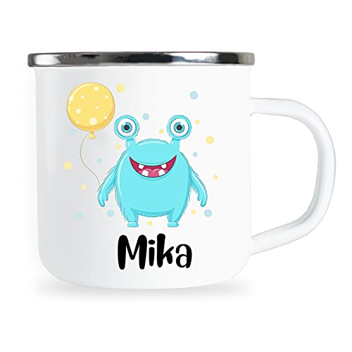 Personalisierte Kindertasse mit Name und lustigem Monster Motiv Emaille Tasse individuelle Geschenke Kind Geburtstag Geschenkidee für Kinder Mädchen Junge Metallbecher Emailletasse von Sambosa