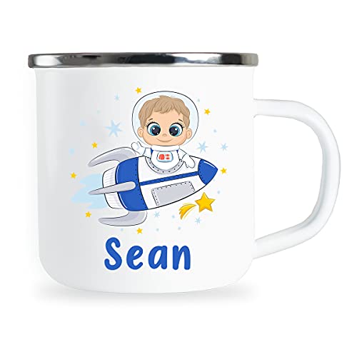 Personalisierte Kindertasse mit Name und lustigem Raumschiff Motiv Emaille Tasse individuelle Geschenke Kind Geburtstag Geschenkidee für Kinder Mädchen Junge Metallbecher Emailletasse von Sambosa