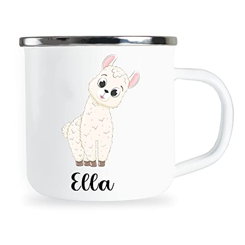 Personalisierte Kindertasse mit Name und niedlichem Alpaka Motiv Emaille Tasse individuelle Geschenke Geschenkidee für Kinder Kind Mädchen Geburtstag Metallbecher Emailletasse von Sambosa