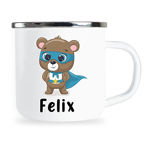 Personalisierte Kindertasse mit Name und niedlichem Bär Motiv Emaille Tasse individuelle Geschenke Geschenkidee für Kinder Kind Junge Geburtstag Metallbecher Emailletasse von Sambosa