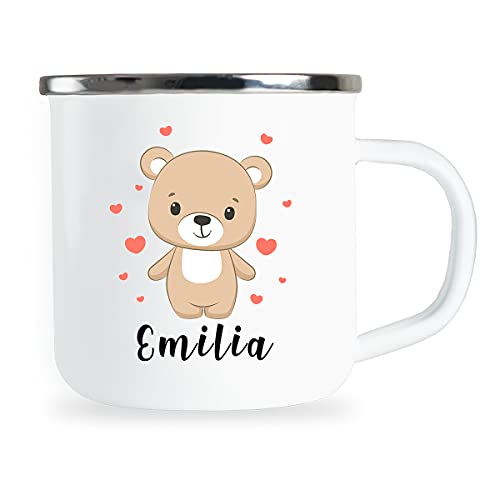 Personalisierte Kindertasse mit Name und niedlichem Bär Motiv Emaille Tasse individuelle Geschenke Geschenkidee für Kinder Kind Mädchen Geburtstag Metallbecher Emailletasse von Sambosa