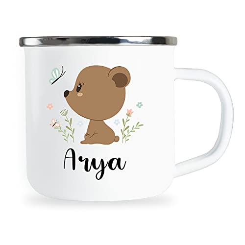 Personalisierte Kindertasse mit Name und niedlichem Bär Motiv Emaille Tasse individuelle Geschenke Geschenkidee für Kinder Kind Mädchen Geburtstag Metallbecher Emailletasse von Sambosa