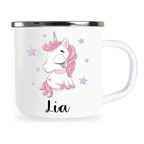 Personalisierte Kindertasse mit Name und niedlichem Einhorn Motiv Emaille Tasse individuelle Geschenke Kind Mädchen Geburtstag Geschenkidee für Kinder Junge Metallbecher Emailletasse von Sambosa