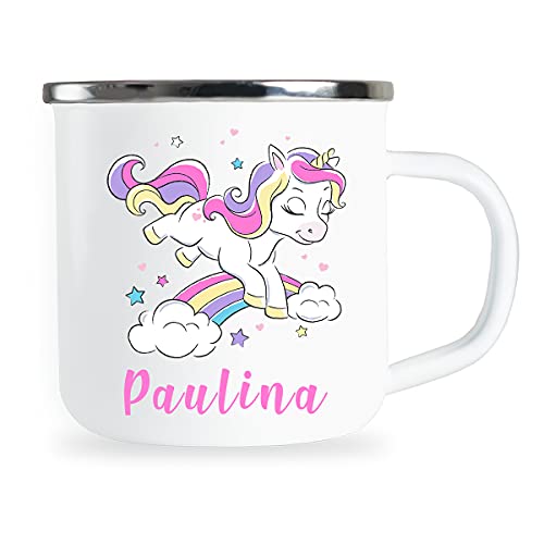 Personalisierte Kindertasse mit Name und niedlichem Einhorn Motiv Emaille Tasse individuelle Geschenke Kind Mädchen Geburtstag Geschenkidee für Kinder Metallbecher Emailletasse von Sambosa