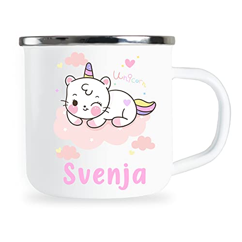 Personalisierte Kindertasse mit Name und niedlichem Einhorn Motiv Emaille Tasse individuelle Geschenke Mädchen Kind Geburtstag Geschenkidee für Kinder Metallbecher Emailletasse von Sambosa