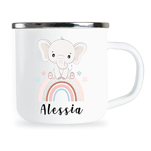 Personalisierte Kindertasse mit Name und niedlichem Elefant Motiv Emaille Tasse individuelle Geschenke Geschenkidee für Kinder Kind Mädchen Geburtstag Metallbecher Emailletasse von Sambosa