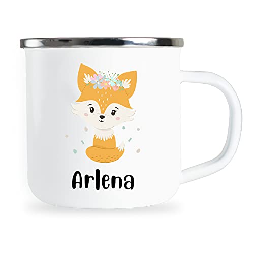 Personalisierte Kindertasse mit Name und niedlichem Fuchs Motiv Emaille Tasse individuelle Geschenke Geschenkidee für Kinder Kind Mädchen Geburtstag Metallbecher Emailletasse von Sambosa