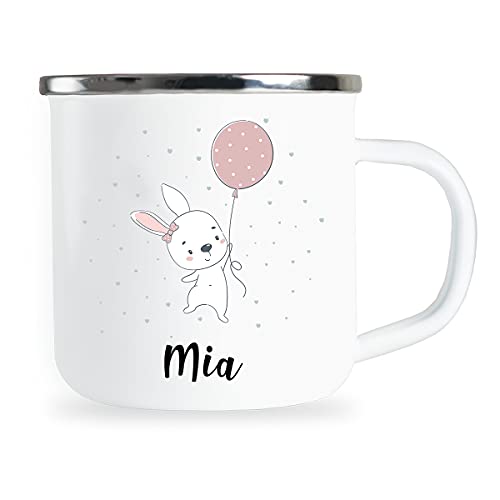 Personalisierte Kindertasse mit Name und niedlichem Hasen Motiv Emaille Tasse individuelle Geschenke Kind Geburtstag Geschenkidee für Kinder Mädchen Junge Metallbecher Emailletasse von Sambosa