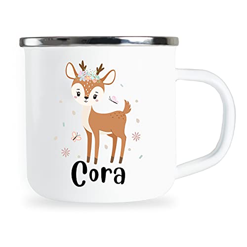 Personalisierte Kindertasse mit Name und niedlichem Hirsch Motiv Emaille Tasse individuelle Geschenke Geschenkidee für Kinder Kind Mädchen Geburtstag Metallbecher Emailletasse von Sambosa