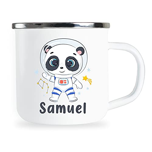 Personalisierte Kindertasse mit Name und niedlichem Panda Astronaut Motiv Emaille Tasse individuelle Geschenke Kind Geburtstag Geschenkidee für Kinder Mädchen Junge Metallbecher Emailletasse von Sambosa