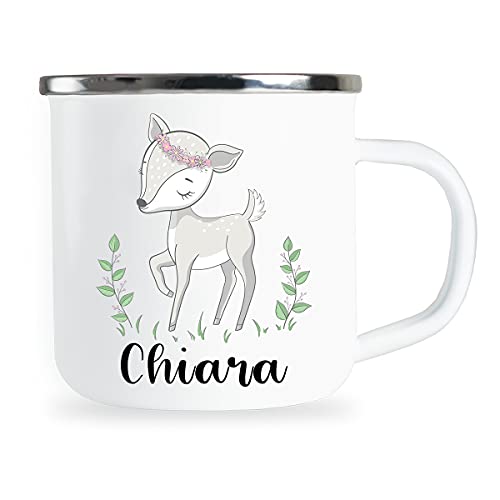 Personalisierte Kindertasse mit Name und niedlichem Reh Motiv Emaille Tasse individuelle Geschenke Geschenkidee für Kinder Kind Mädchen Geburtstag Metallbecher Emailletasse von Sambosa