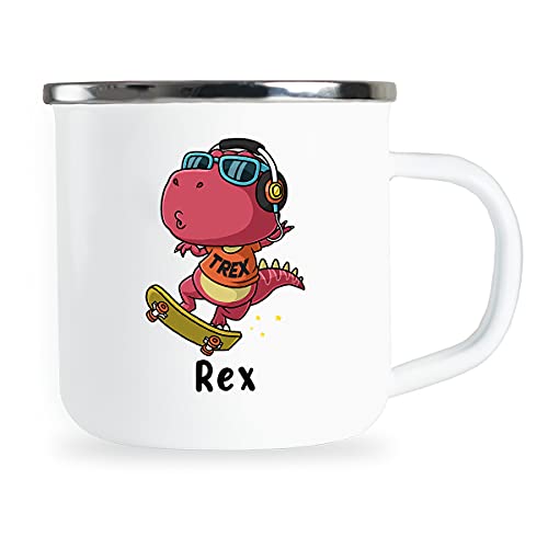 Rex Personalisierte Kindertasse mit Name und lustigem Dinosaurier Motiv Emaille Tasse individuelle Geschenke Kind Geburtstag Junge Mädchen Metallbecher Emailletasse Geschenkidee von Sambosa