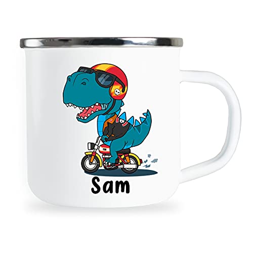 Sam Personalisierte Kindertasse mit Name und lustigem Dinosaurier Motiv Emaille Tasse individuelle Geschenke Kind Geburtstag Junge Mädchen Metallbecher Emailletasse Geschenkidee von Sambosa