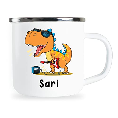 Sari Personalisierte Kindertasse mit Name und lustigem Dinosaurier Motiv Emaille Tasse individuelle Geschenke Kind Geburtstag Junge Mädchen Metallbecher Emailletasse Geschenkidee von Sambosa