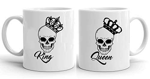 Skull King Queen - Tassen Kaffeetassen 2er Set Hochzeitsgeschenk Kaffeebecher Set, Hochzeit Valentinstag Pärchen Ehepaar Freunde, Farbe:Weiß von Sambosa