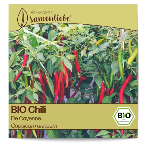 Samenliebe BIO Chili Samen alte Sorte De Cayenne scharfe Peperoni länglich spitze Paprika rot 10 Samen samenfestes Gemüse Saatgut für Gewächshaus Freiland und Balkon BIO Gemüsesamen von Samenliebe