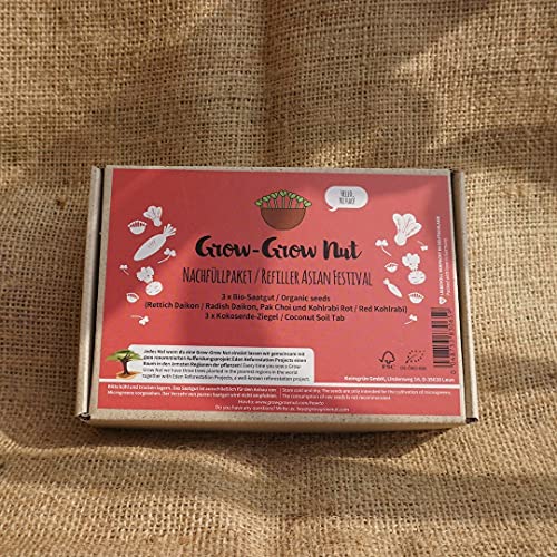 Grow-Grow Nut, Nachfüllpaket"Asian Festival", 3x Bio-Saatgut (Rettich, Pak Choi & Kohlrabi rot) + 3x Kokoserde-Ziegel von Grow-Grow Nut