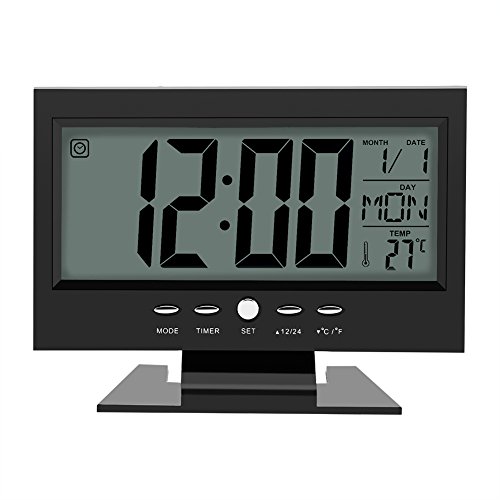 Samfox Elektrische Uhr, LCD Digital Sound Sensor Wecker mit Kalender und Temperaturanzeige(Schwarz) von Samfox