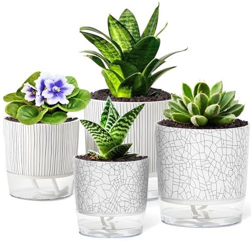 Selbstbewässernde Töpfe für Zimmerpflanzen, 12,7 cm, selbstbewässerndes Topf-Set, Blumentöpfe, leichter Übertopf für afrikanische Veilchen, Spinnenpflanze, Orchidee – 10 + 14 cm, gemischt, 4 Stück von Samhe