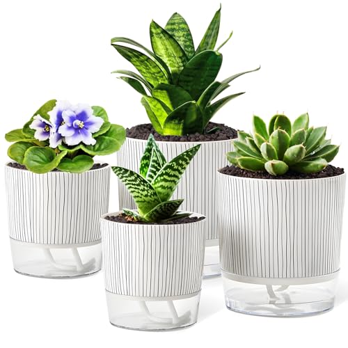 Selbstbewässerndes Topf-Set, 4 + 14 cm, selbstbewässernde Töpfe für Zimmerpflanzen, Pflanztopf mit Dochtseil und Reservoir für afrikanische Veilchen, Spinnenpflanze, Orchidee, 4 Stück von Samhe