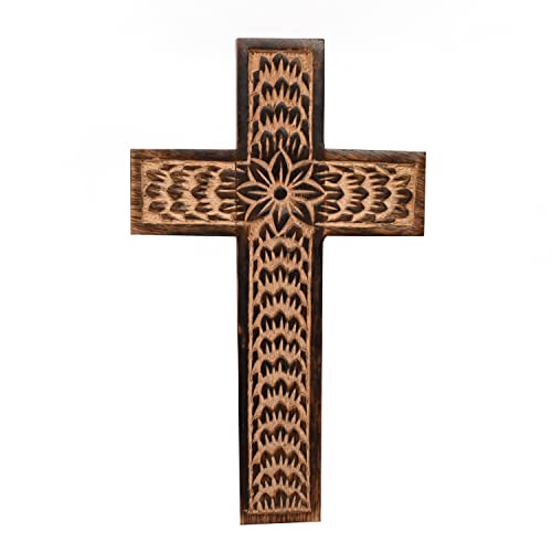 Samhita Mangoholz-Wandkreuz, Jesus Christus, Blumenschnitzerei, Familien-Kreuz-Dekoration, Heimdekoration (25,4 x 15,2 x 1,3 cm) von Samhita