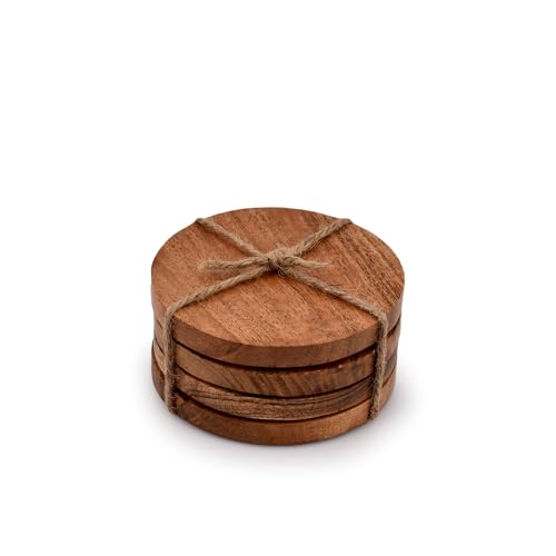Samhita Runde Untersetzer aus Akazienholz, Schutz für Tischplatte, Arbeitsplatte und Oberflächen vor Wasserflecken oder Beschädigungen, Geschenk zum Einzug, 4er-Set (10.2 x 10.2 x 1.3 cm) von Samhita