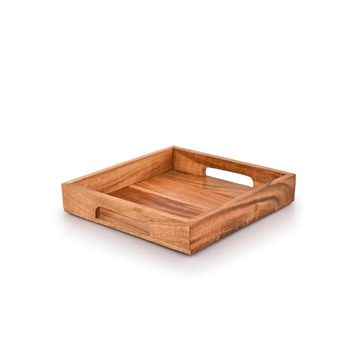 Samhita Serviertablett aus Akazienholz mit Griffen, Serviertablett aus Holz, Snacktablett, Frühstückstablett, ideal für Frühstück, Kaffee, Größe: 25,4 x 25,4 x 4,4 cm von Samhita