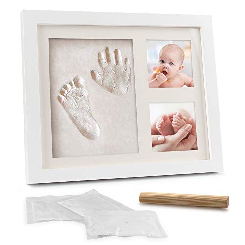 Baby Handabdruck und Fußabdruck, Samione Neugeborene Hand und Fuß Gipsabdruck Set [Schadstofffreiem Lehm], kostbarem Bilderrahmen aus Holz und Acrylglas -Das ideale Babyparty Geschenk von Samione