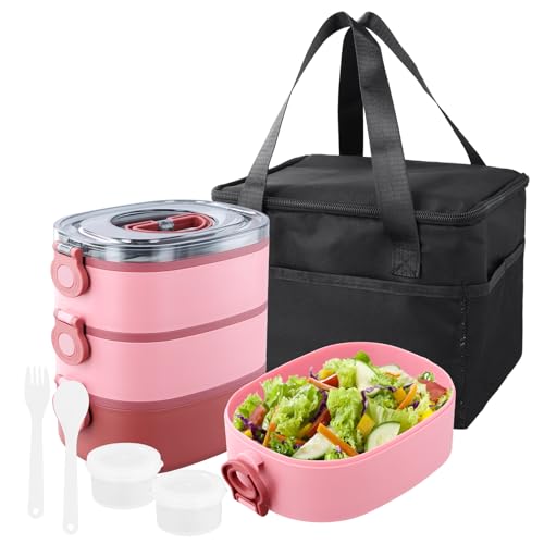 3 in 1 Lunchbox mit Fächern, Bento Box 2800ml mit Tasche, Auslaufsichere Essensbox 3 Lagen Stapelbare, Snackbox mit Partition Besteck, Brotdose Kinder Erwachsene, BPA Frei, Mikrowellengeeignet (Rosa) von Samlonge