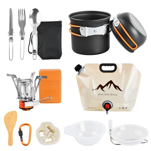 Camping Kochgeschirr Set Outdoor Geschirr Set Camping Töpfe für Gaskocher mit Aluminium Camping Topf Kettle Cups Löffel Gabel Cutter Faltbare für Picknick Wandern Kochen Backpacking 2-3 Personen von Samlonge