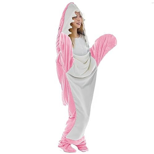 Samnuerly Hai Blanket Hoodie Erwachsene Zum Anziehen Hai Deckenschlafsack Hai Decke Kostüm,Flanell Tragbare Shark Blanket Hoodie Hai Decke Anzug (Pink M) von Samnuerly