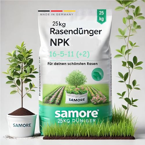 Samore Rasendünger NPK 16-5-11 I 25 kg für 1200 m² I für einen gesunden Rasen I verdrängt Moos ideal für Frühjahr und Sommer I Streuwagen geeignet I staubarmes Granulat Dünger I gegen Trockenstress von Samore