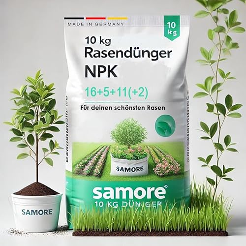 Samore Rasendünger NPK 16-5-11 I 2x10 kg für 1000 m² I für einen gesunden Rasen I verdrängt Moos ideal für Frühjahr und Sommer I Streuwagen geeignet I staubarmes Granulat Dünger I gegen Trockenstress von Samore